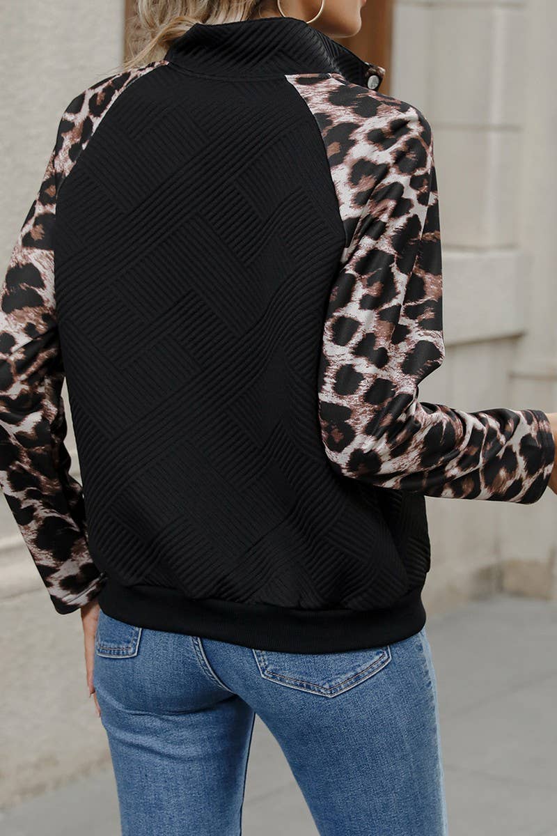 CWTBLL4032_STAND COLLAR ZIPPER LEOPARD PRINT SWEATSHIRT