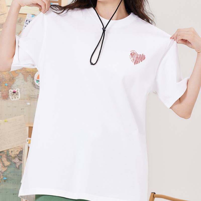 CWTTS0932_PINK LOVE HEART PRINTED ROUND NECK CASUAL T-SHIRT