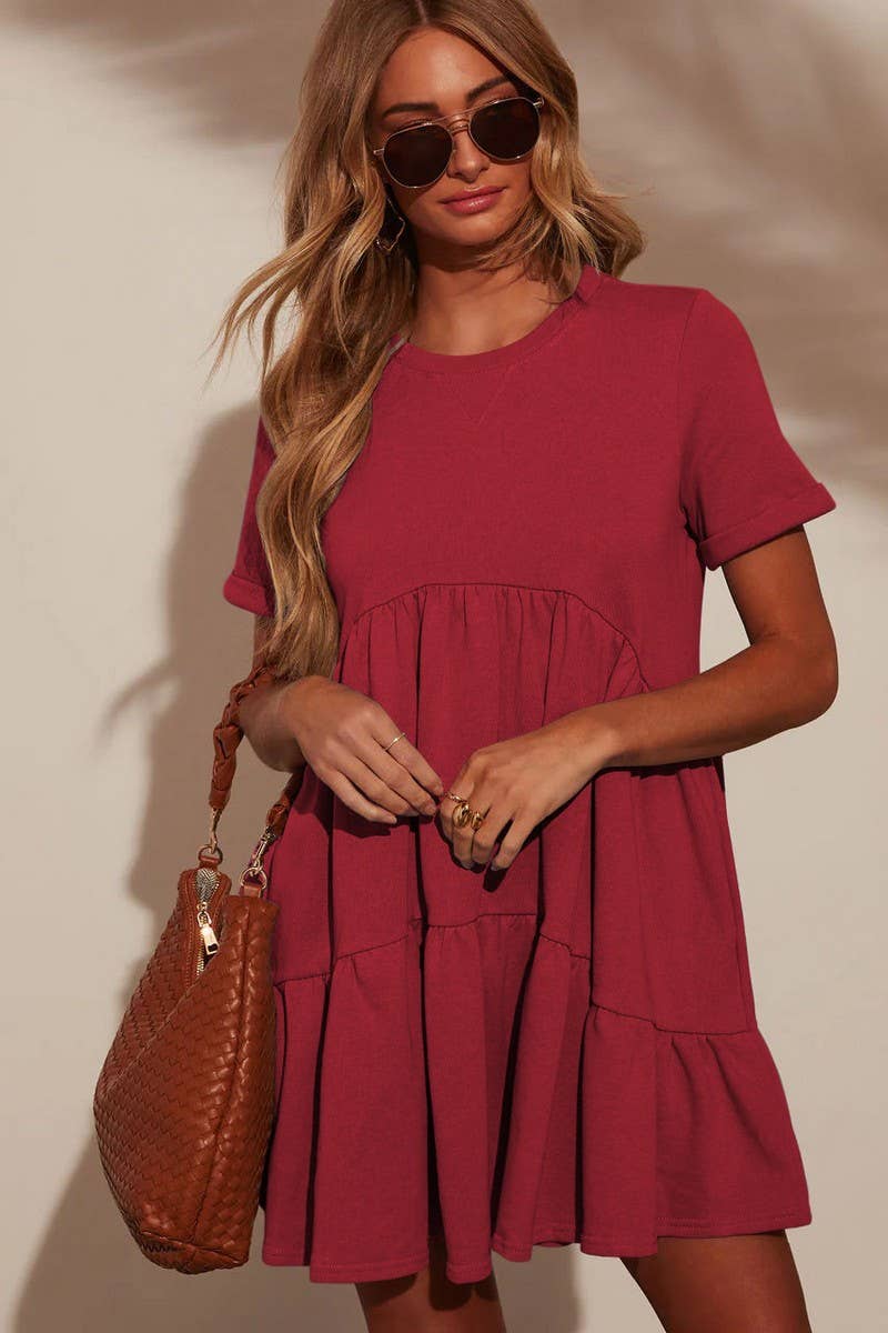 CWDSD7268_ROUND NECK POCKET SHORT SLEEVE PLEATED DRESS