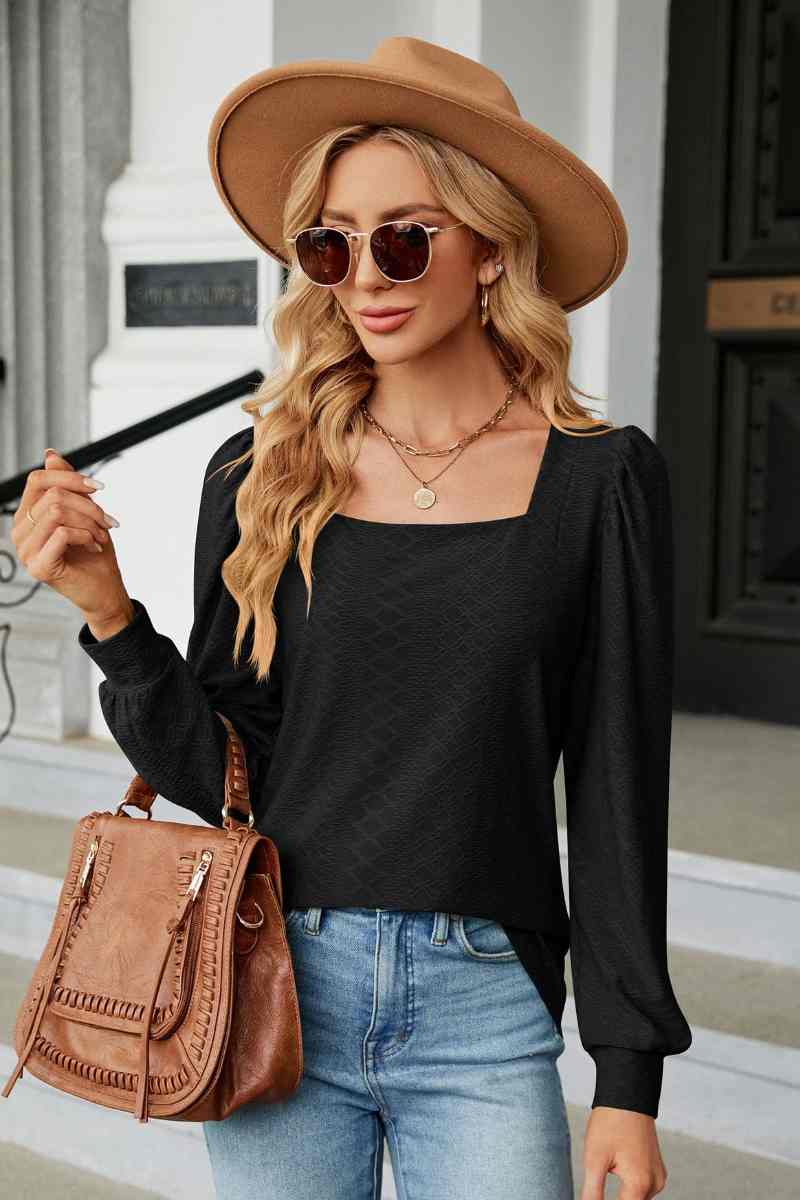 CWTBLL2832_AUTUMN SQUARE NECK JACQUARD LONG-SLEEVED TOP