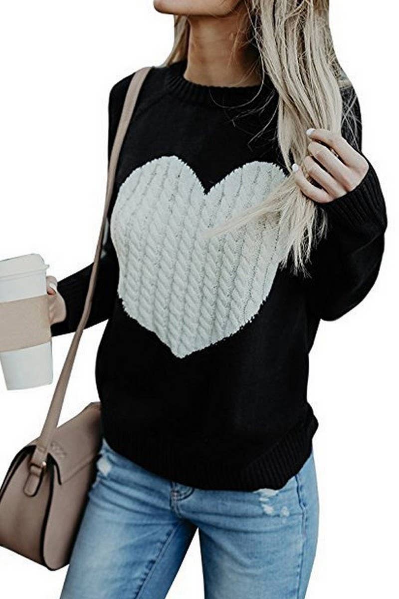 CWOSWL5809_KNITTED ROUND NECK PULLOVER HEART SWEATER