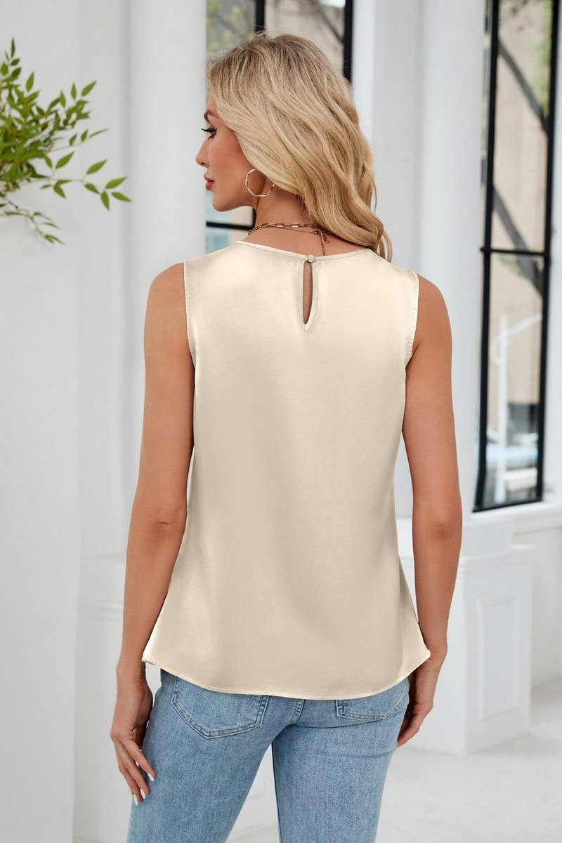 CWTBLSL0967_RUCHED SATIN CREW NECK SLEEVELESS BLOUSE