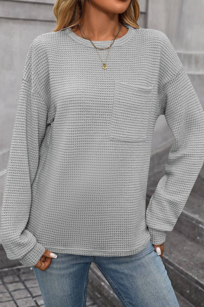 CWTBLL1821_WAFFLE SOLID COLOR ROUND NECK POCKET LOOSE TOP