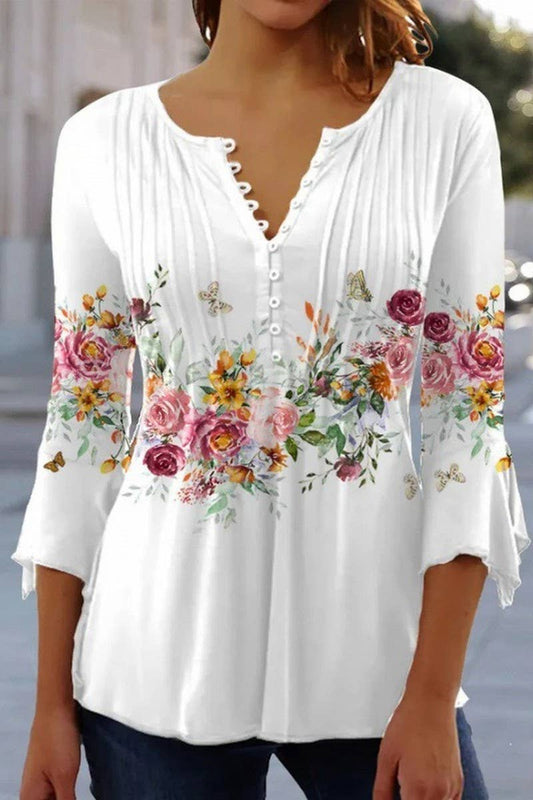 CWTTS1452_SPRING AND SUMMER V-NECK FLORAL BOTTOMING SHIRT