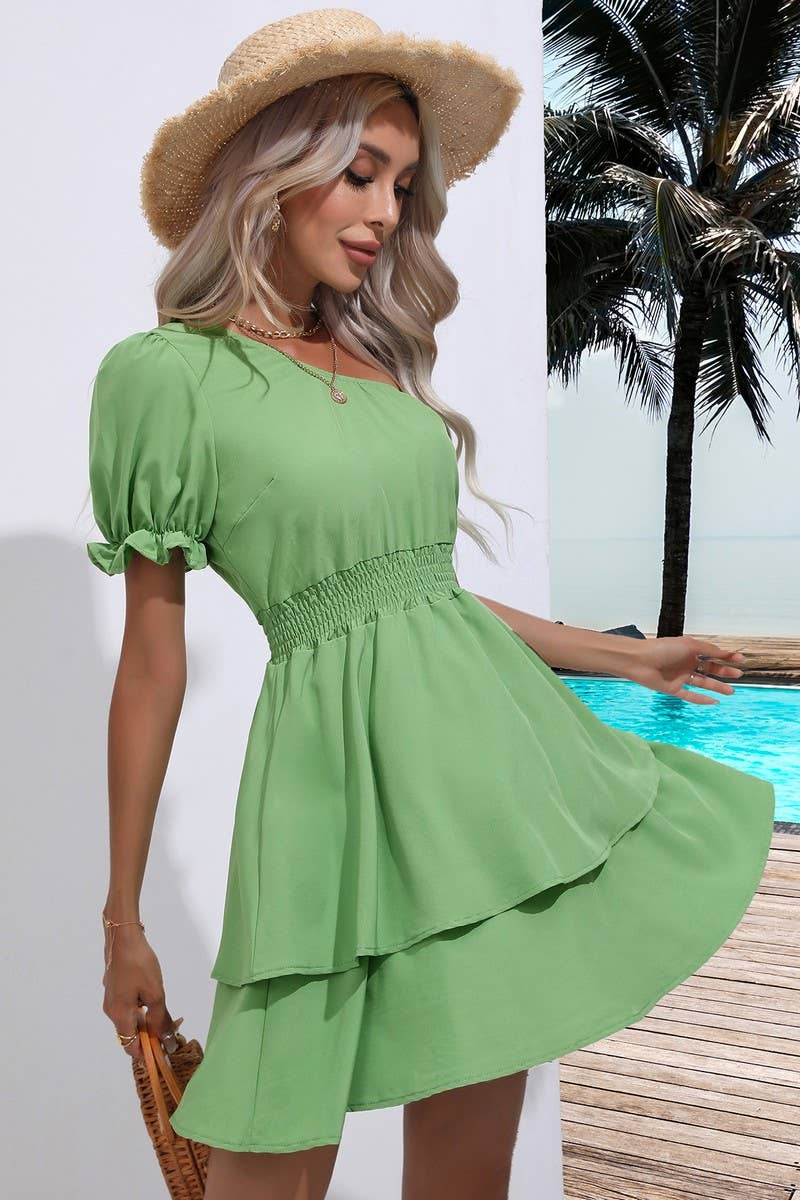 CWDSD2923_One Shoulder Short Sleeve Dresses
