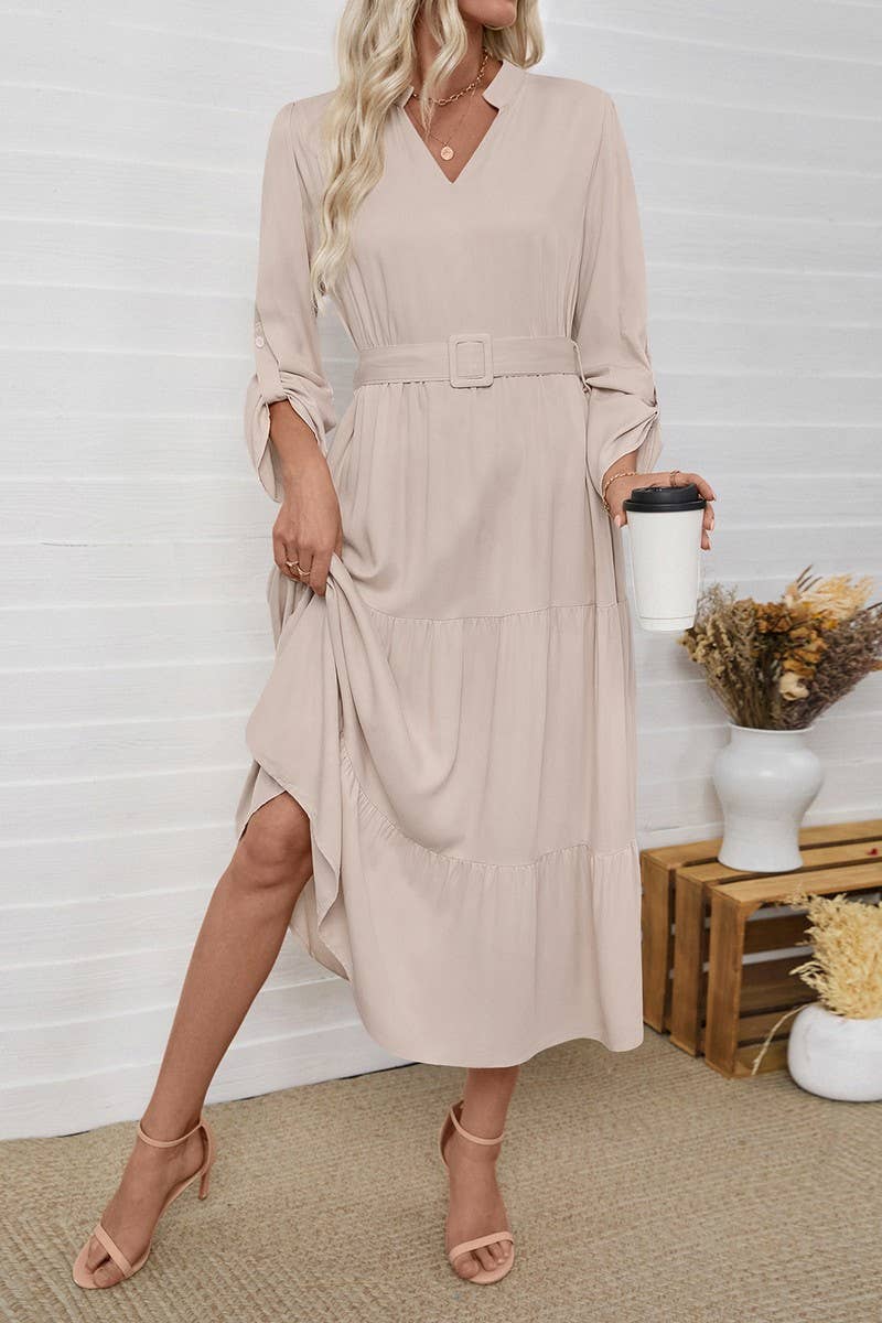 CWDMD6288_SOLID BELTED STAND COLLAR LONG SLEEVE DRESS