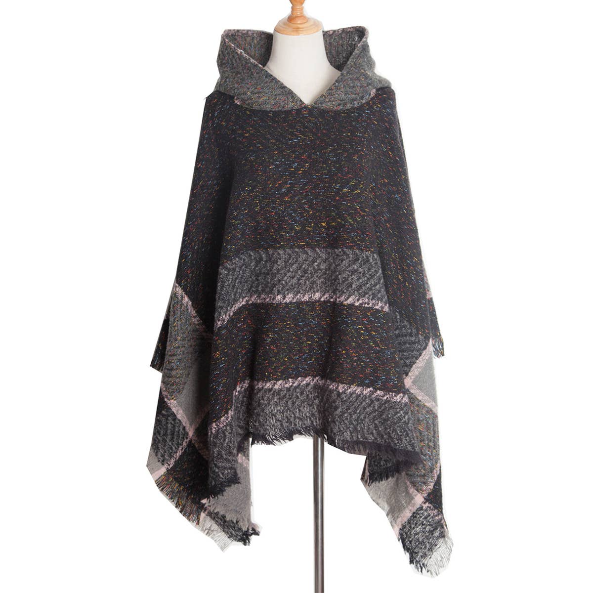 WOMEN HERRINGBONE PATTERN HOODED SHAWL