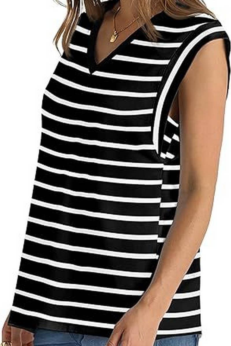 CWTTS1089_V-NECK STRIPED RAGLAN SLEEVE CASUAL T-SHIRT