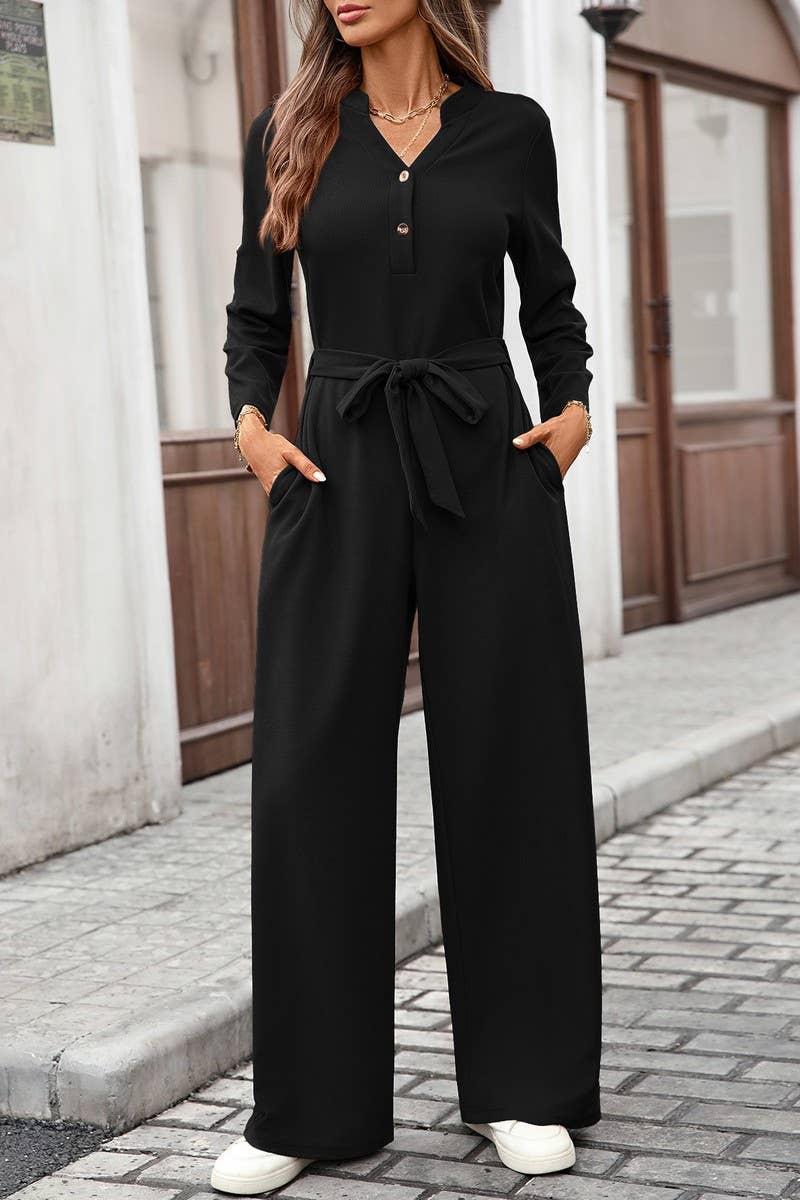 CWSJS00303_SOLID HIGH WAIST TIE BUTTON LONG SLEEVE JUMPSUIT