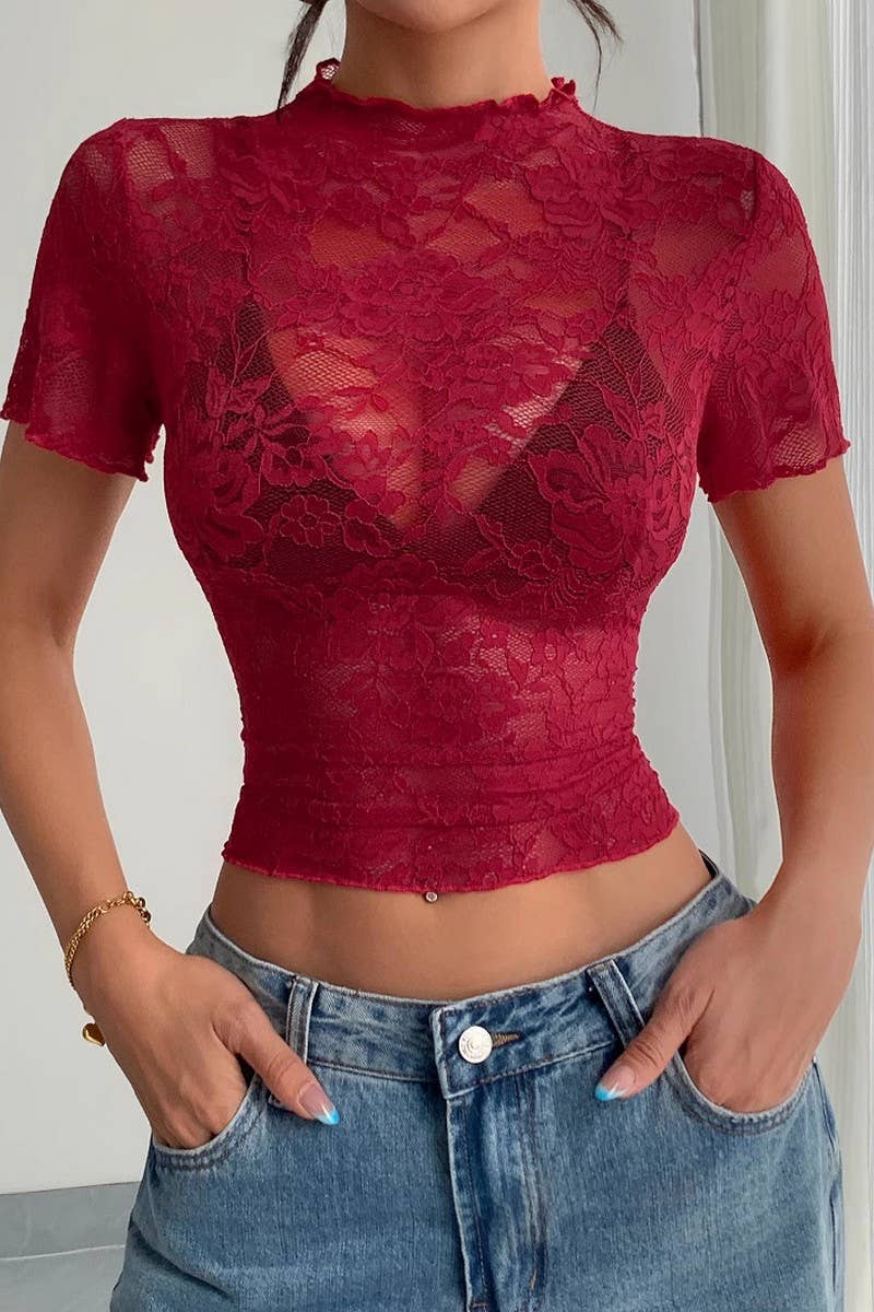 CWTBLS2103_SHEER LACE RUFFLE SLIM FIT MOCK NECK TOP