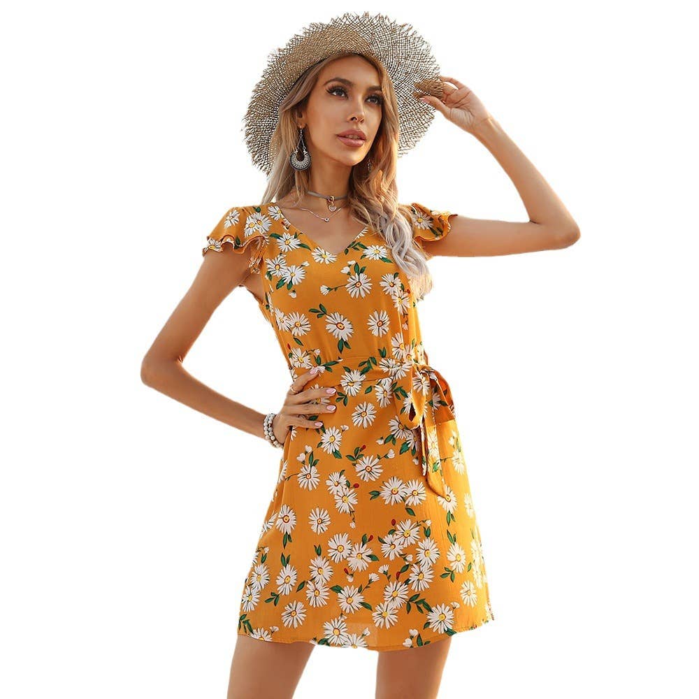 Floral Belted V-Neck Ruffle Sleeve Boho Dress