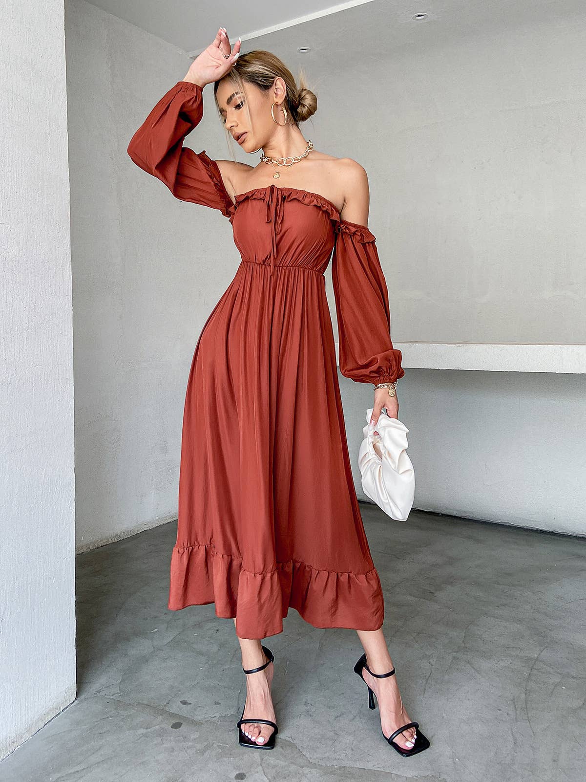 DROP SHOULDER LANTERN SLEEVE WAIST DRESS