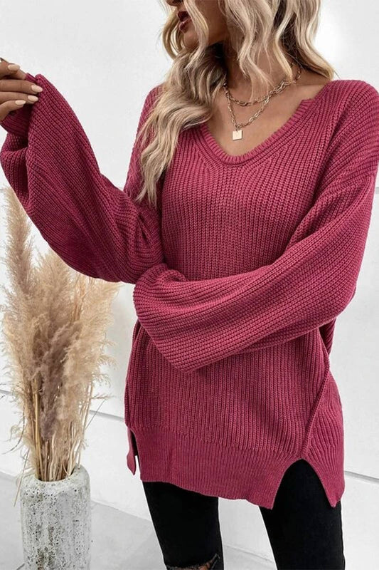 CWTBLL3567_FASHIONABLE V-NECK LOOSE LONG-SLEEVED SWEATER