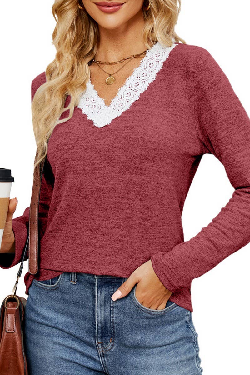 CWTBLL2385_V-NECK LACE LONG-SLEEVED LOOSE PULLOVER