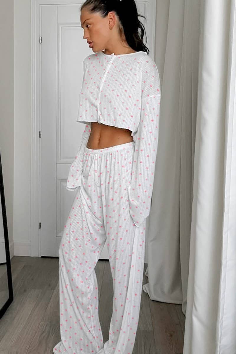 CWSPJ0220_KNITTED HEART PRINT PAJAMAS TWO-PIECE SET