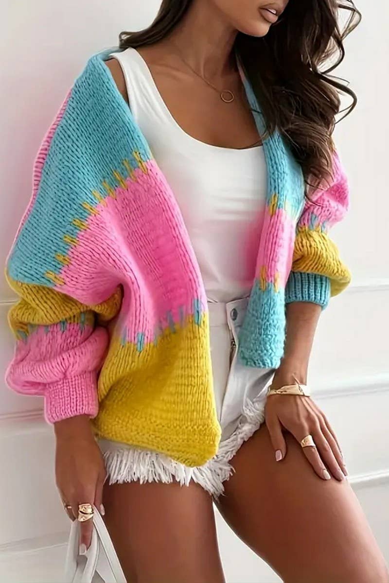 CWOCAL00824_V NECK COLOR BLOCK LOOSE KNIT CARDIGAN