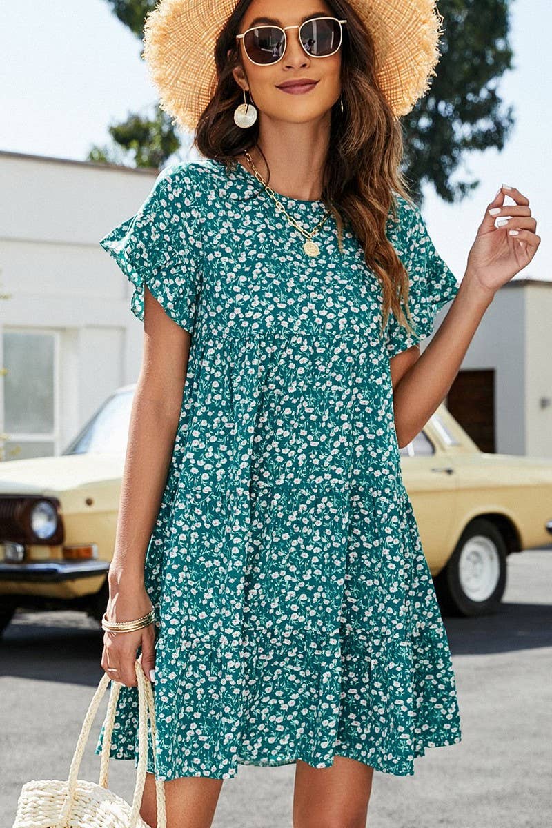 CWDSD2702_Round neck Print Short Sleeve Dress