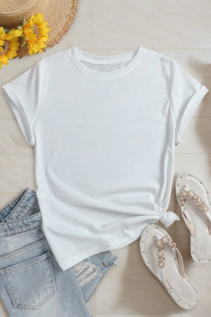 CWTBLS1556_SOLID COLOR ROUND NECK PULLOVER SHORT SLEEVE TOP