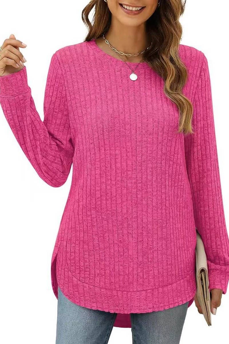 CWTBLL2383_ROUND NECK LONG SLEEVE SLIT SWALLOWTAIL TOP