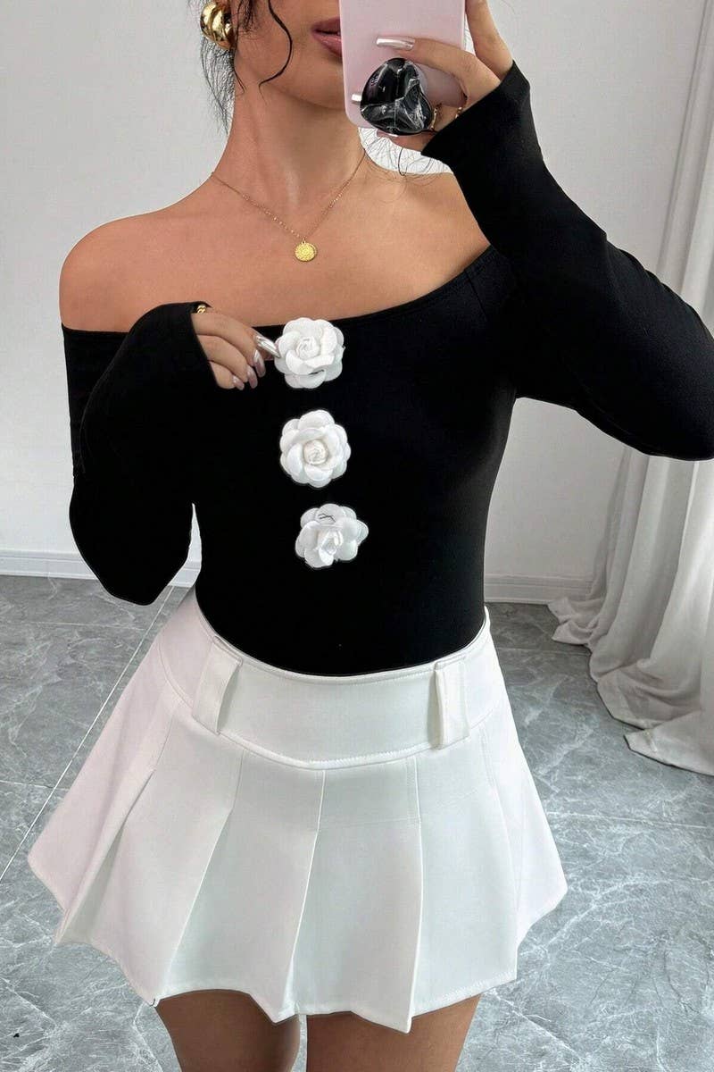 CWTBLL3914_3D FLORAL OFF SHOULDER SLIM FIT LONG SLEEVE TOP