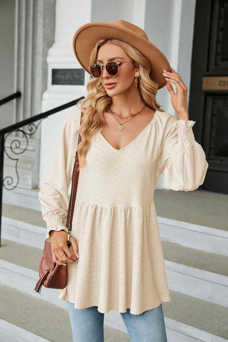 CWTBLL2836_V-NECK LONG SLEEVE PATCHWORK DRESS TOP