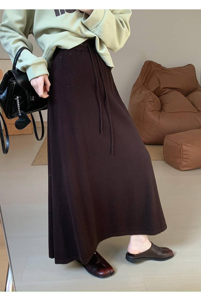 CWBLS0300_SOLID COLOR DRAWSTRING LONG KNIT SKIRT