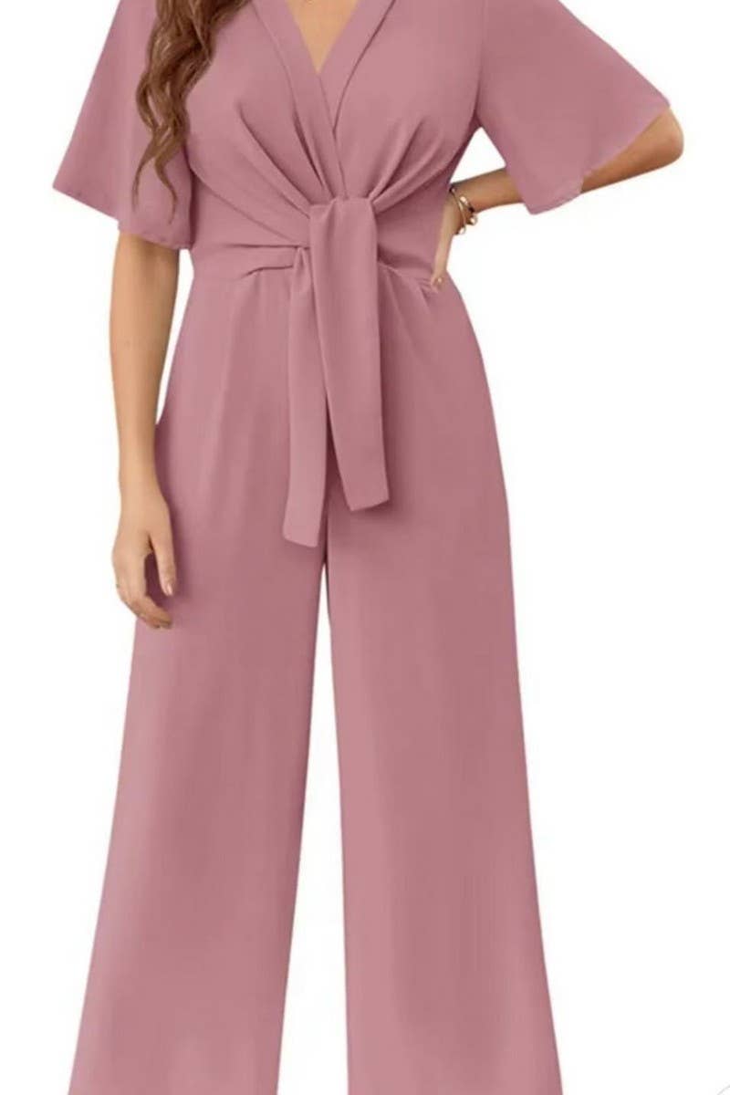 CWSJS1693_SOLID COLOR V-NECK SHORT SLEEVE JUMPSUIT