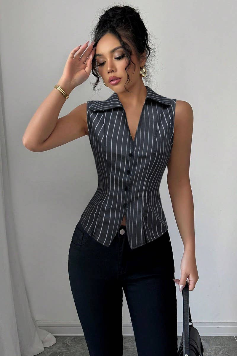 CWTBLSL0953_SUMMER TEMPERAMENT STRIPED SLEEVELESS SLIM SHIRT