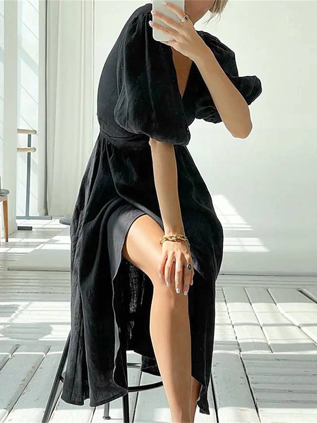 Elegant Solid Puff Sleeve Tie Slit Dress