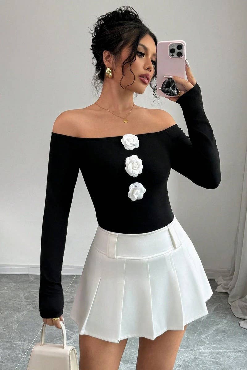 CWTBLL3914_3D FLORAL OFF SHOULDER SLIM FIT LONG SLEEVE TOP