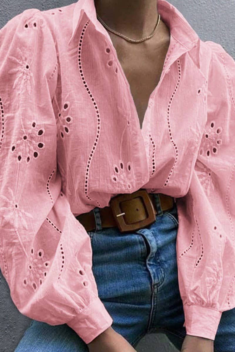 CWTSTL01000_CASUAL LOOSE HOLLOW OUT PUFF SLEEVE  TOP