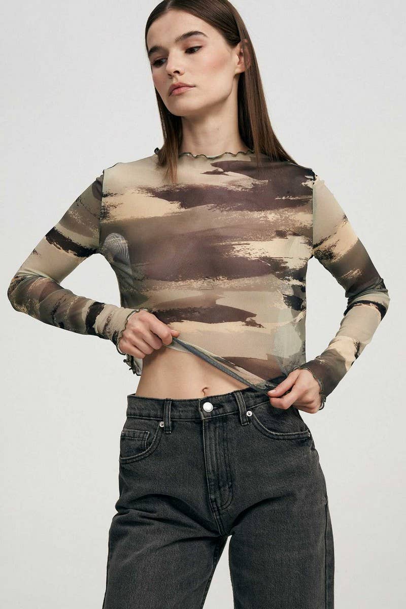 CWTBLL3948_SEXY LEOPARD MESH PRINT SLIM FIT TEE TOP