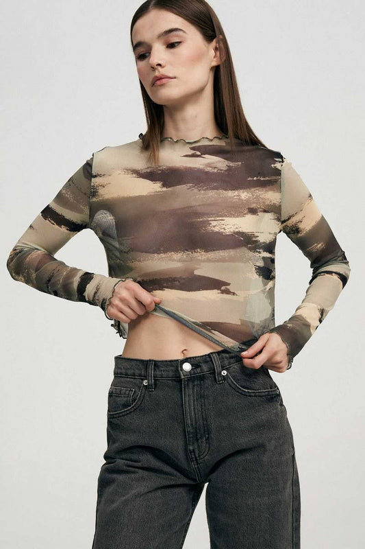 CWTBLL3948_SEXY LEOPARD MESH PRINT SLIM FIT TEE TOP