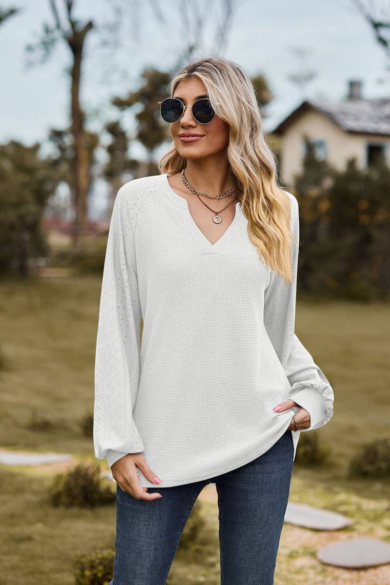 CWTBLL01313_V NECK WAFFLE KNIT SOLID LONG SLEEVE LOOSE TEE