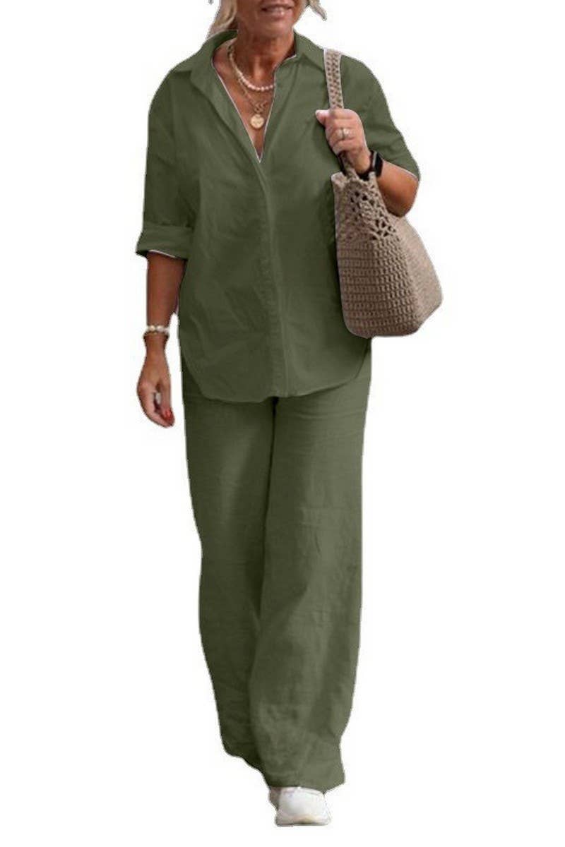 CWSTB00382_SOLID LAPEL SHIRT AND WIDE LEG PANTS SET