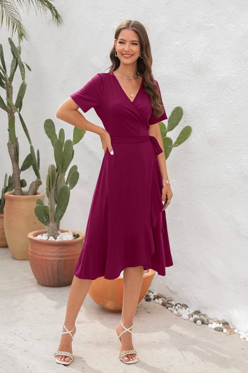 CWDMD2151_SOLID COLOR V-NECK HIGH WAIST BELTED DRESS