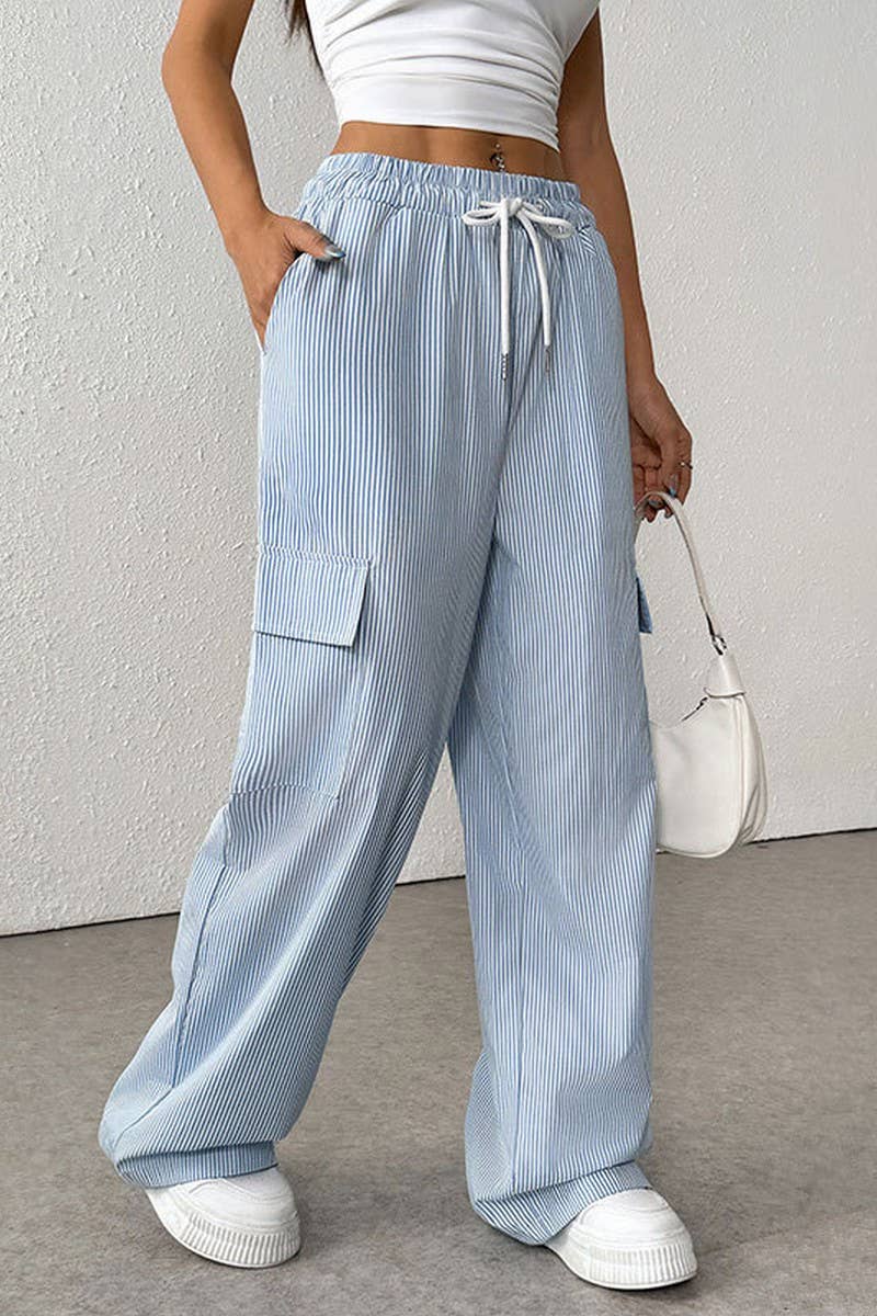 CWBLP00934_STRIPED TIE WAIST LIGHTWEIGHT WIDE LEG PANTS
