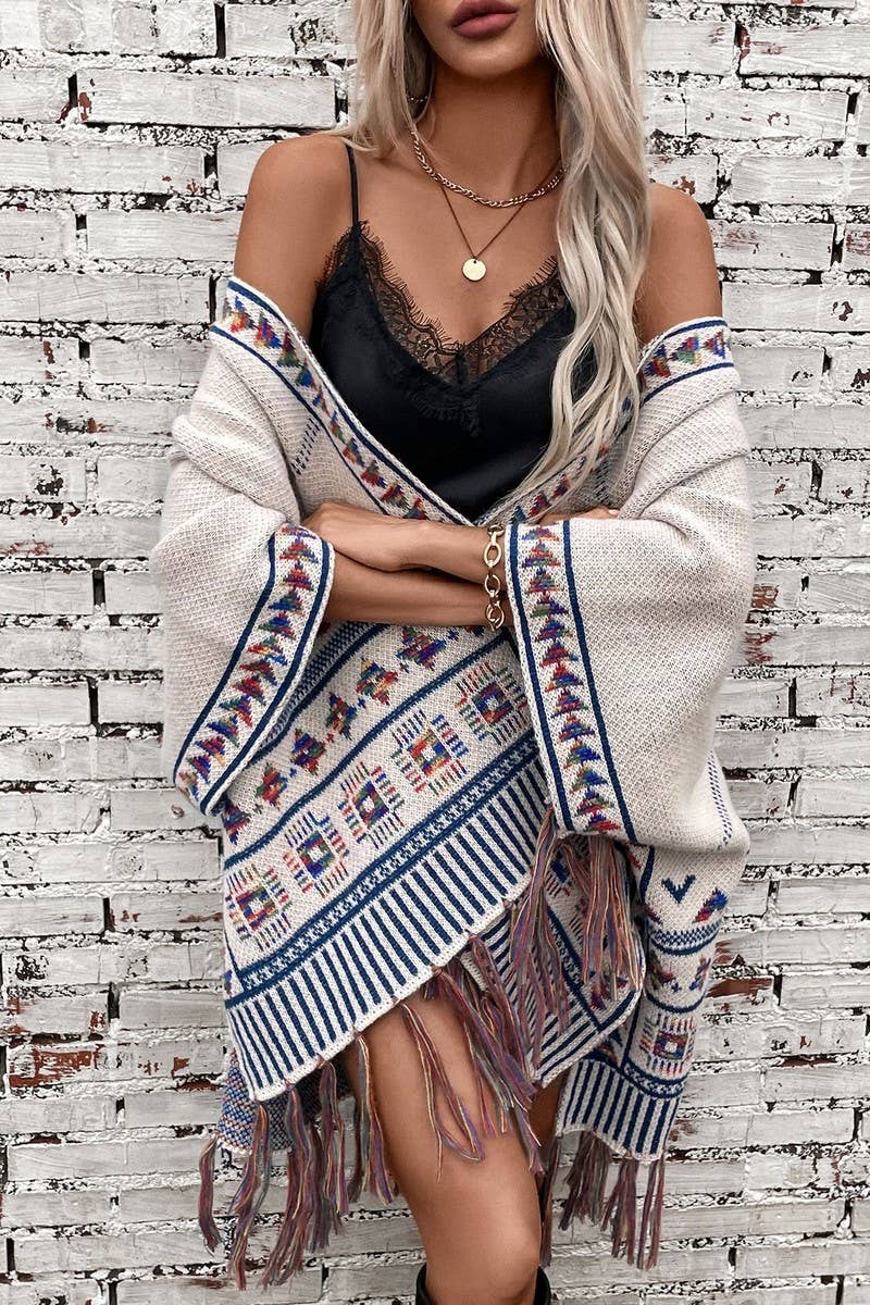 CWOSWS0090_LOOSE KNITTED TASSEL JACQUARD CAPE SHAWL