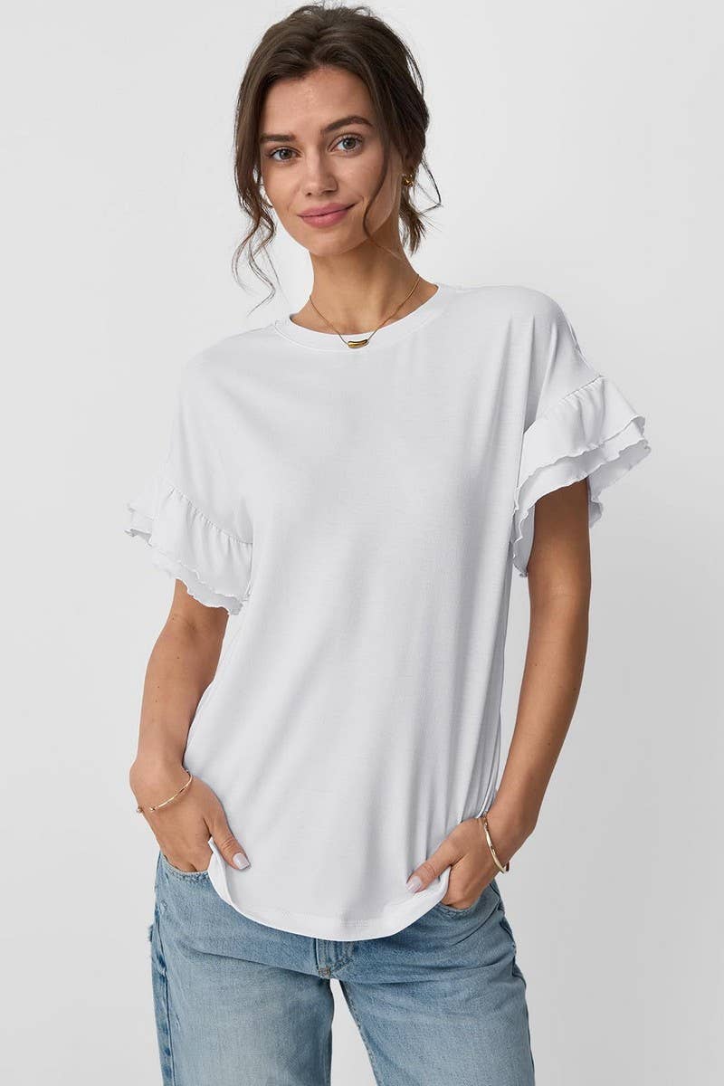 CWTBLS1620_SOLID COLOR ROUND NECK RUFFLE SLEEVE TOP