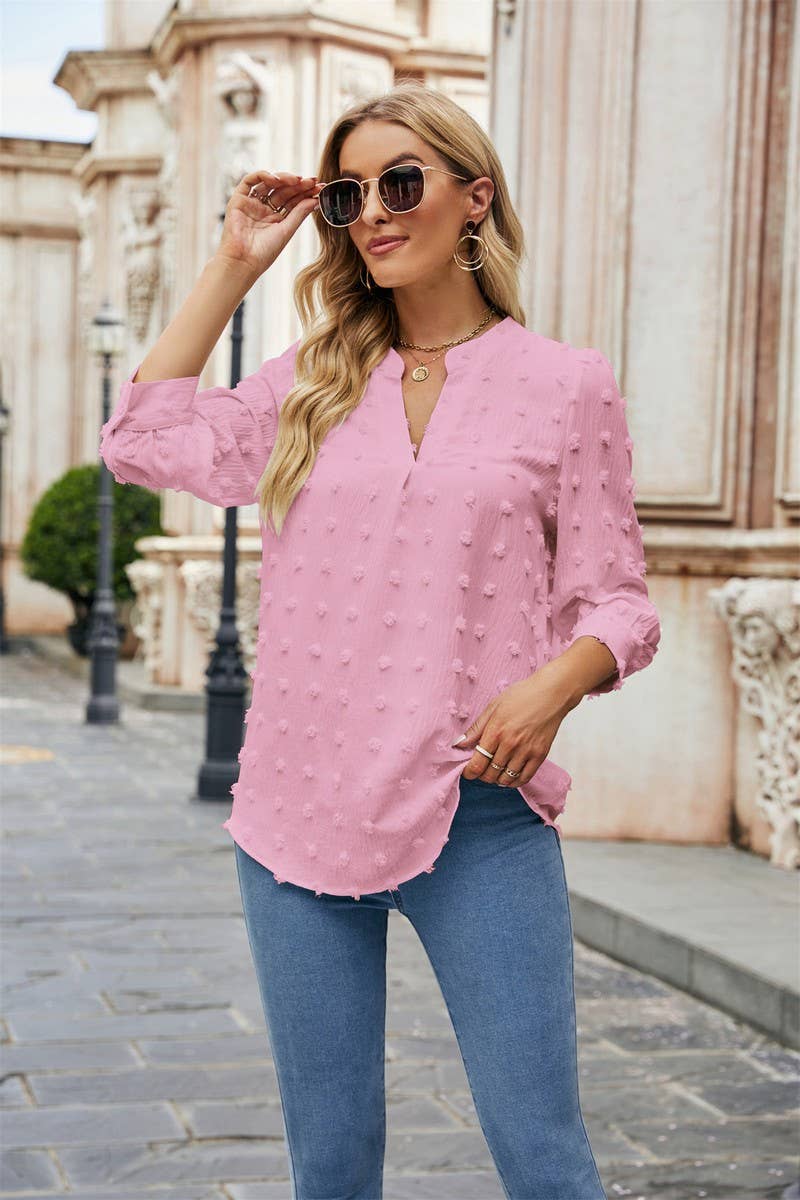 CWTBLL0802_FUR BALL CASUAL CHIFFON MID SLEEVE TOP