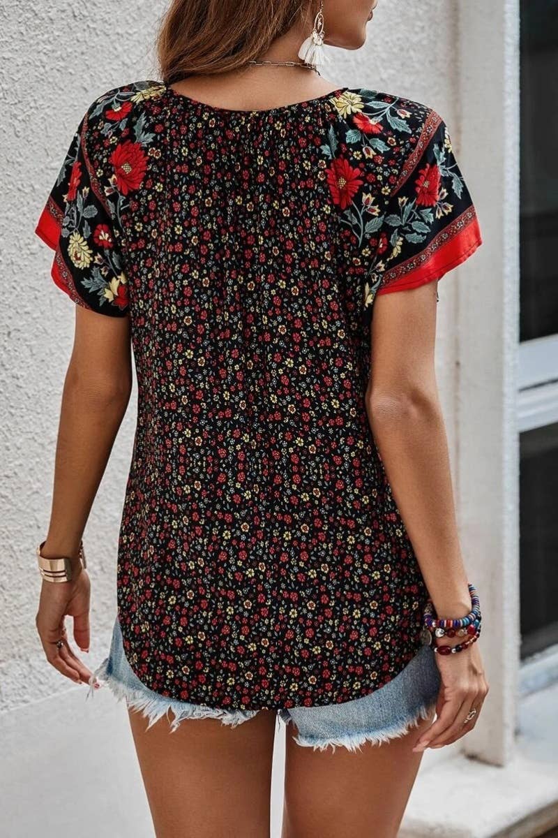CWTBLS1117_CASUAL BOHO V-NECK SHORT-SLEEVED SHIRT TOP
