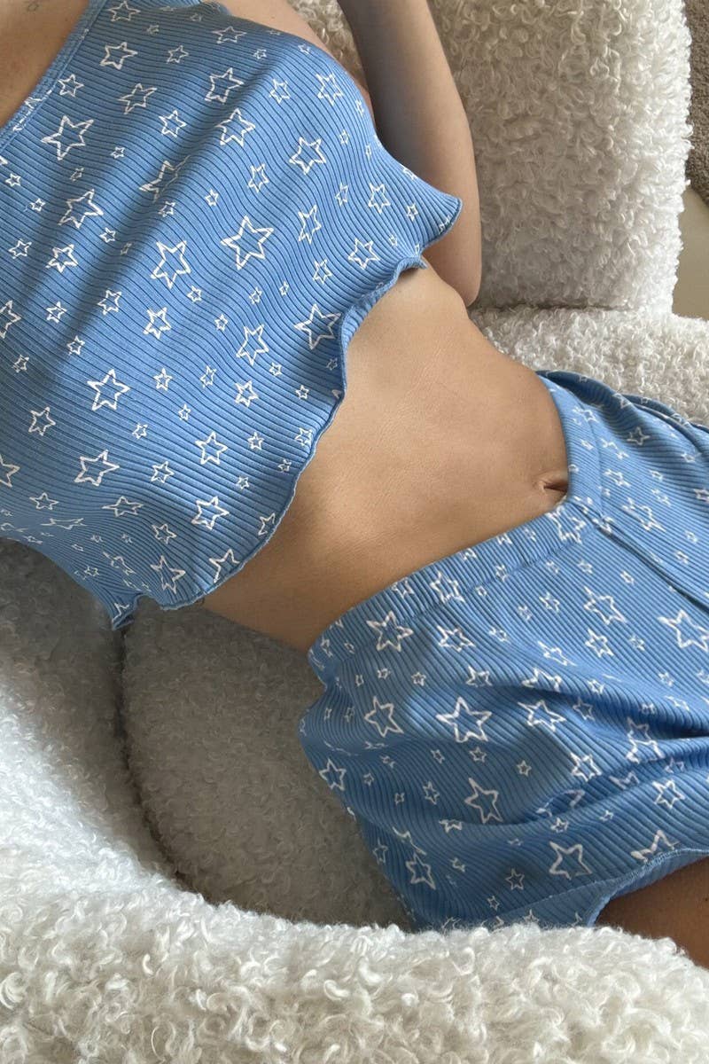 CWSPJ0376_KNITTED PRINTED SHORTS SUSPENDERS PAJAMA SET