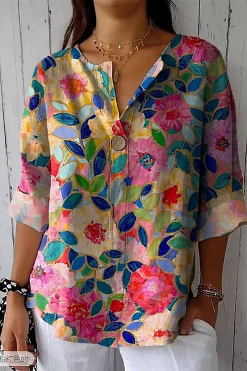 CWTBLL00715_BUTTONED V-NECK PRINTED CASUAL TOP T-SHIRT