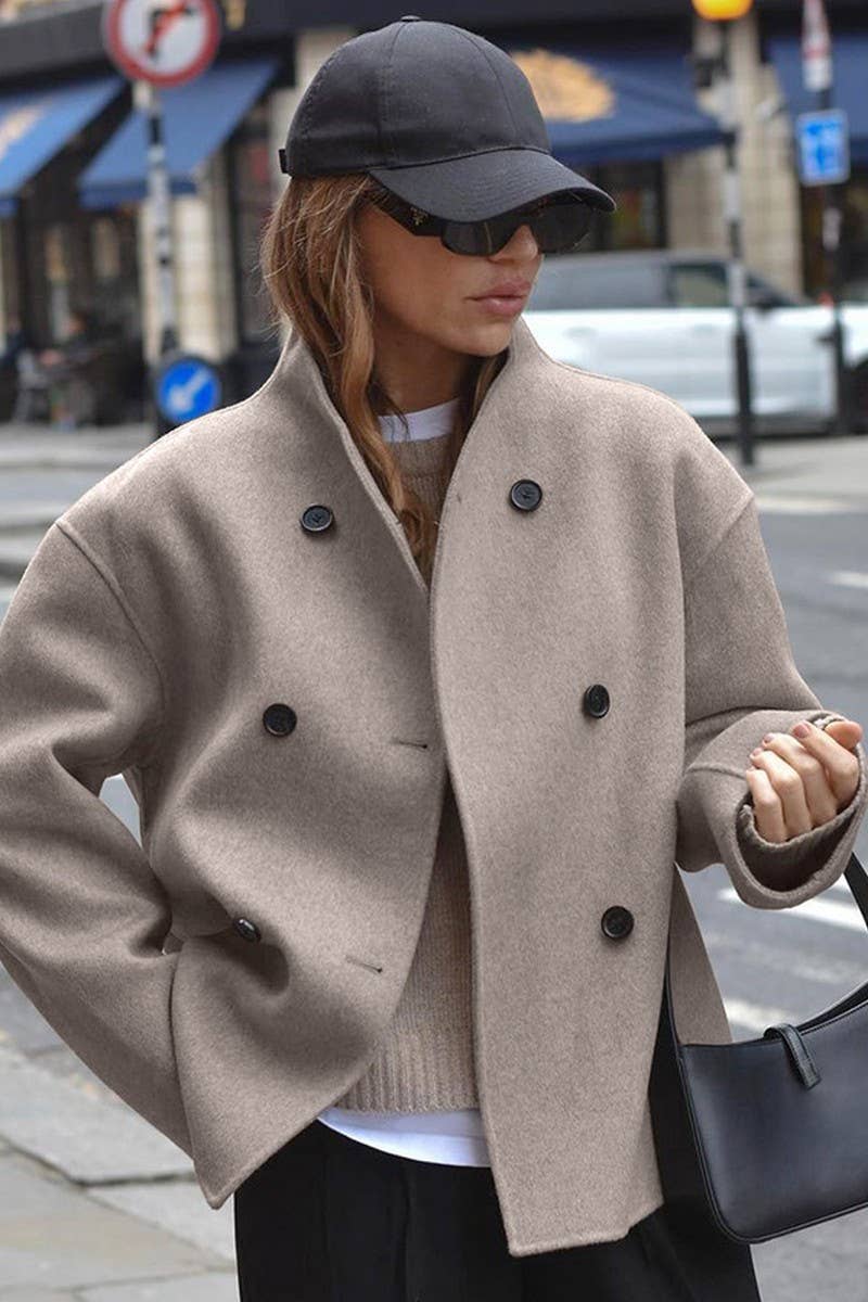 CWOCO1112_SOLID COLOR RETRO V-NECK BROWN WOOLEN COAT