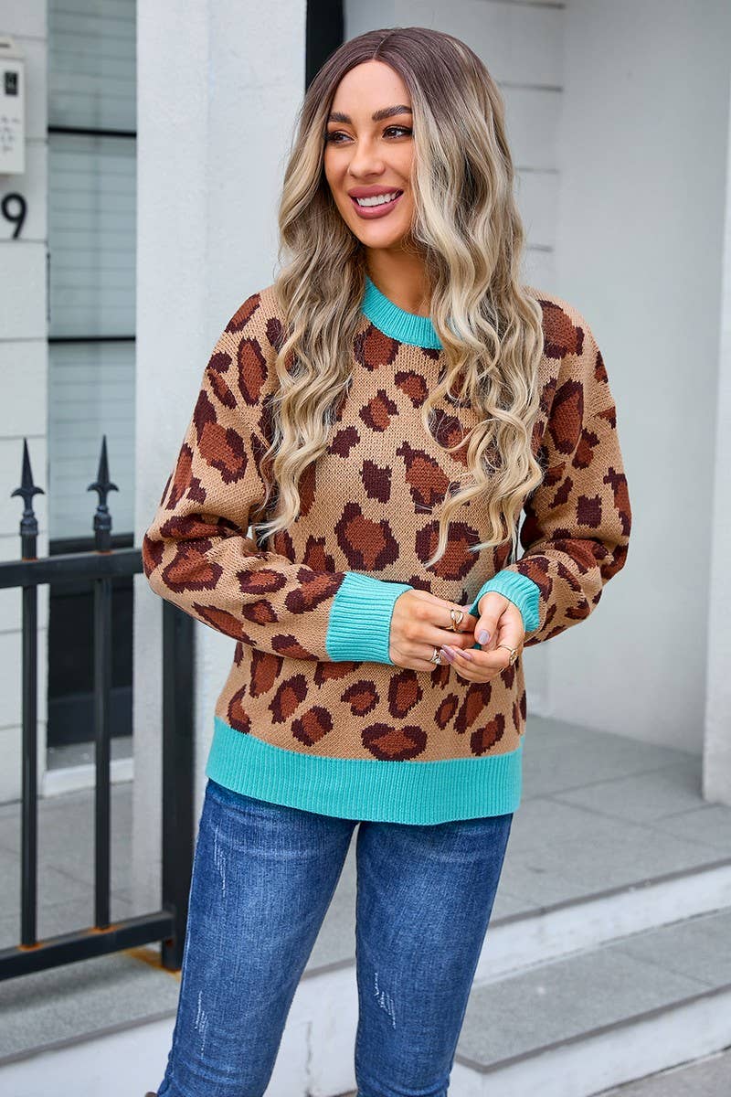 CWOSWL3073_LEOPARD PRINT CREW NECK KNITTED SWEATER