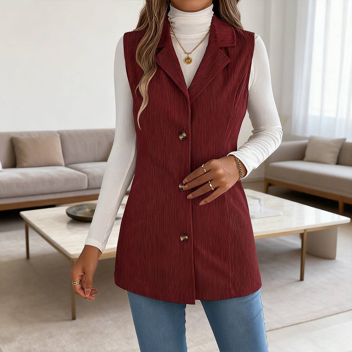 Casual single-breasted suit collar corduroy vest
