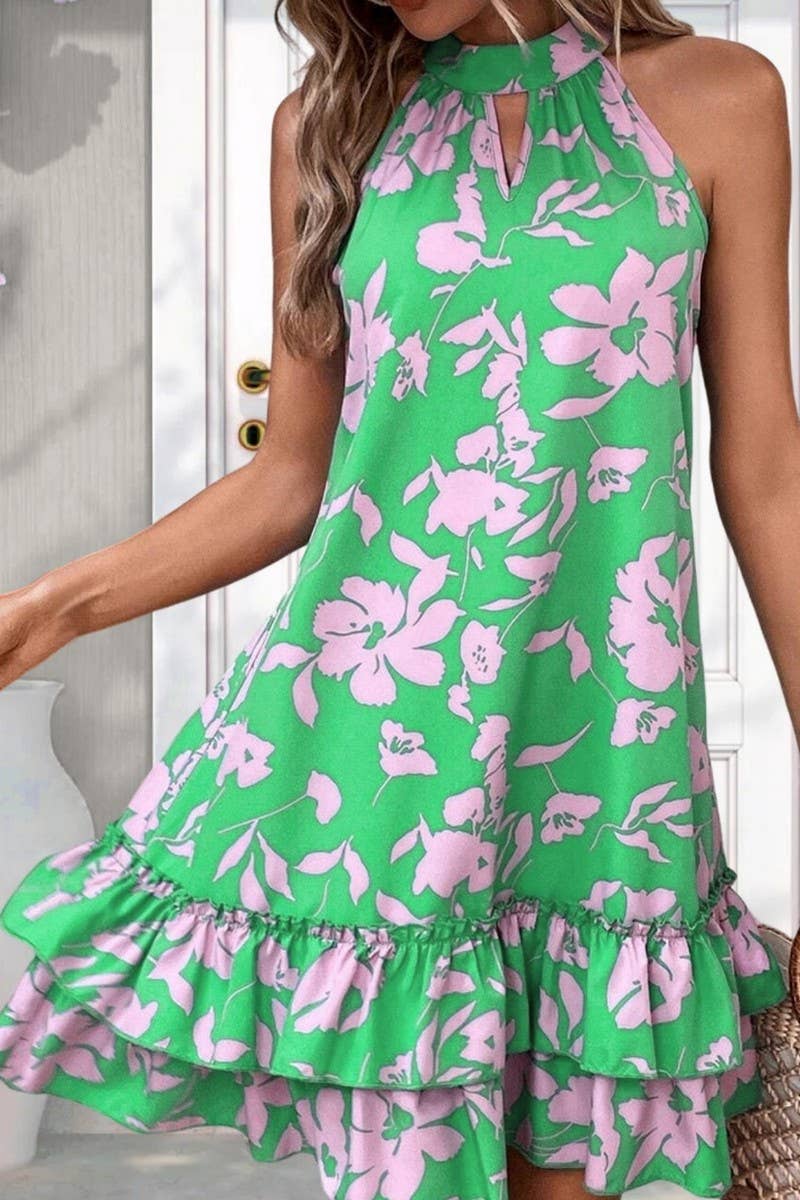 CWDHL0630_HALTER NECK RUFFLE PRINT SLEEVELESS DRESS