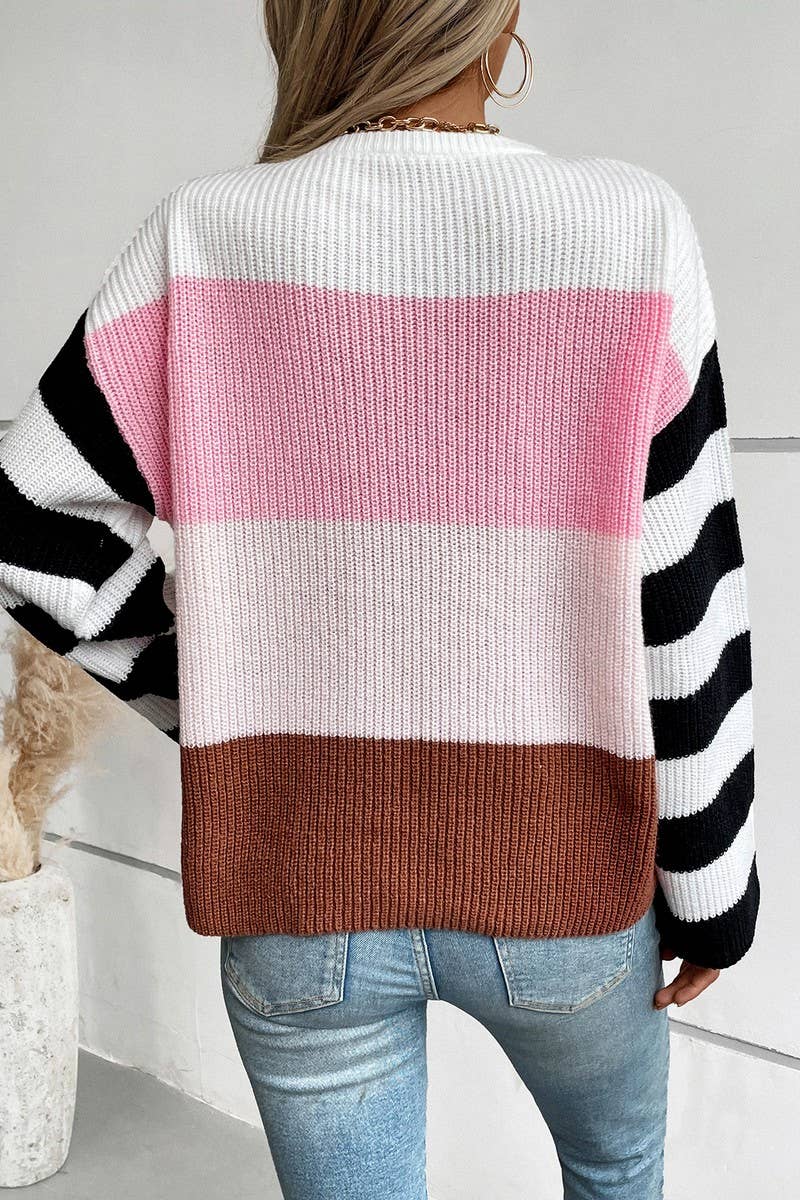 CWOSWL2883_CREW NECK CONTRAST STRIPE KNIT SWEATER_