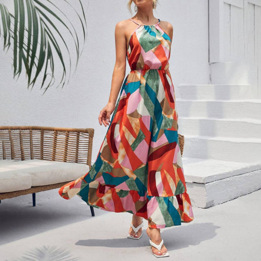 Big swing long, stylish printed halter dress