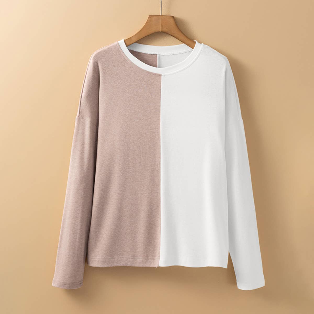 COLOR CONTRAST PATCHWORK LOOSE ROUND NECK TOP